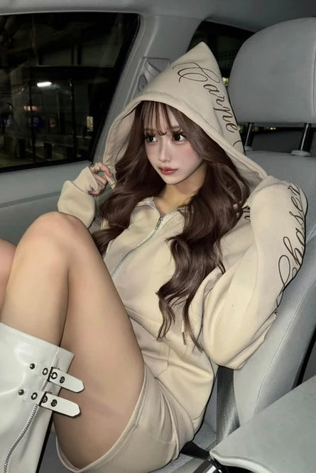 Engraved zipper hooded sweatshirt and shorts mry001519