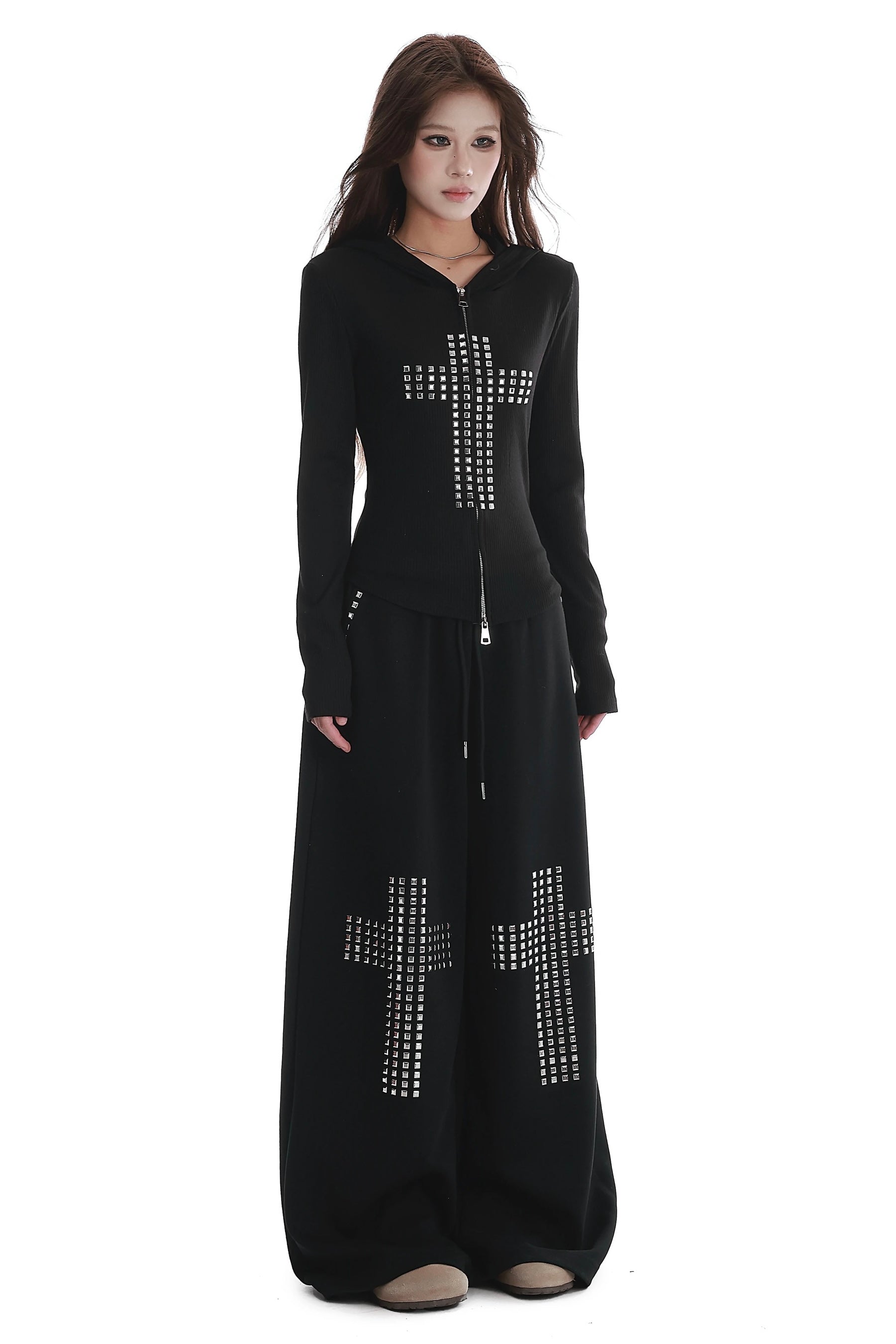 Cross rivet hooded sweatshirt and wide-leg pants set