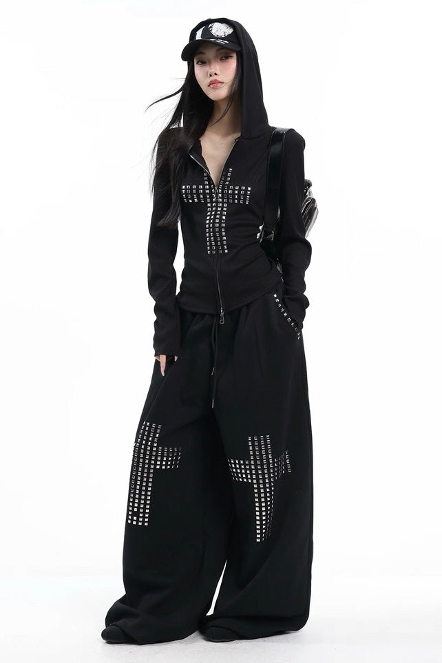 Cross rivet hooded sweatshirt and wide-leg pants set
