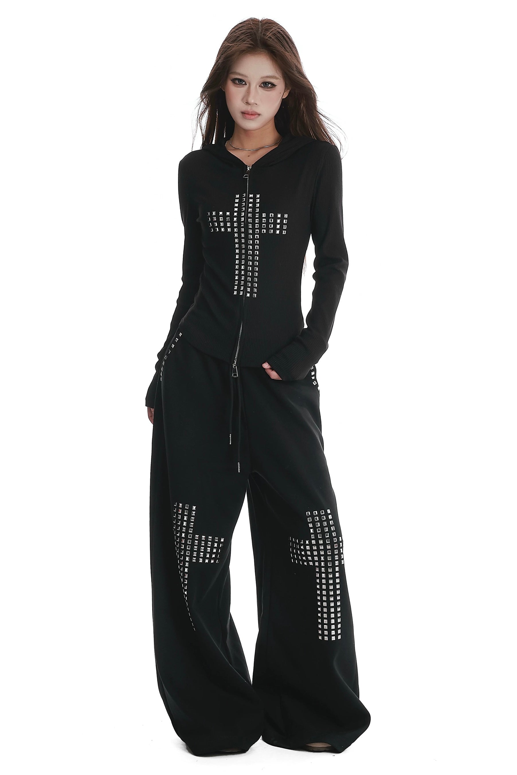 Cross rivet hooded sweatshirt and wide-leg pants set