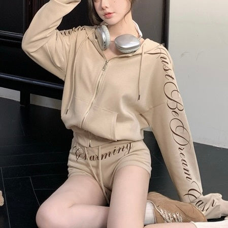 Engraved zipper hooded sweatshirt and shorts mry001519