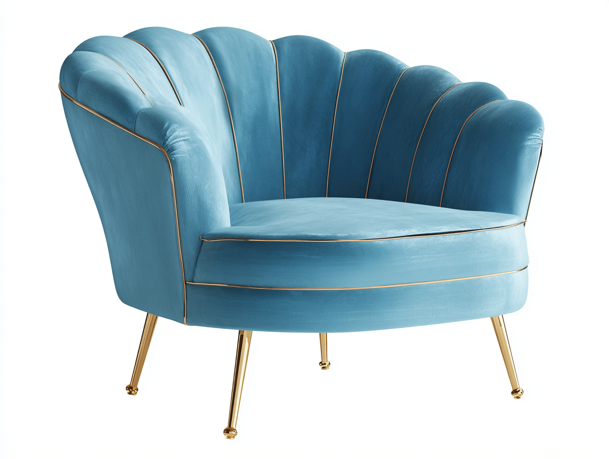 Sillón de terciopelo 70x72x76 cm-azul-para salón-diseño moderno respaldo con forma de concha patas doradas-Casagoyard