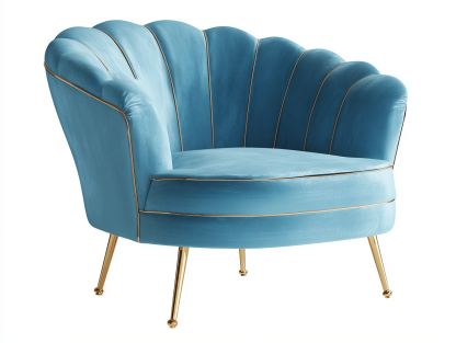 Sillón de terciopelo 70x72x76 cm-azul-para salón-diseño moderno respaldo con forma de concha patas doradas-Casagoyard