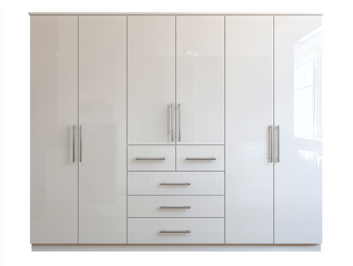 Armario 300x60x200 cm-madera-blanco brillante-para dormitorio-diseño moderno con cajones centrales-Casagoyard