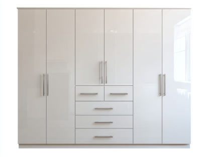 Armario 300x60x200 cm-madera-blanco brillante-para dormitorio-diseño moderno con cajones centrales-Casagoyard