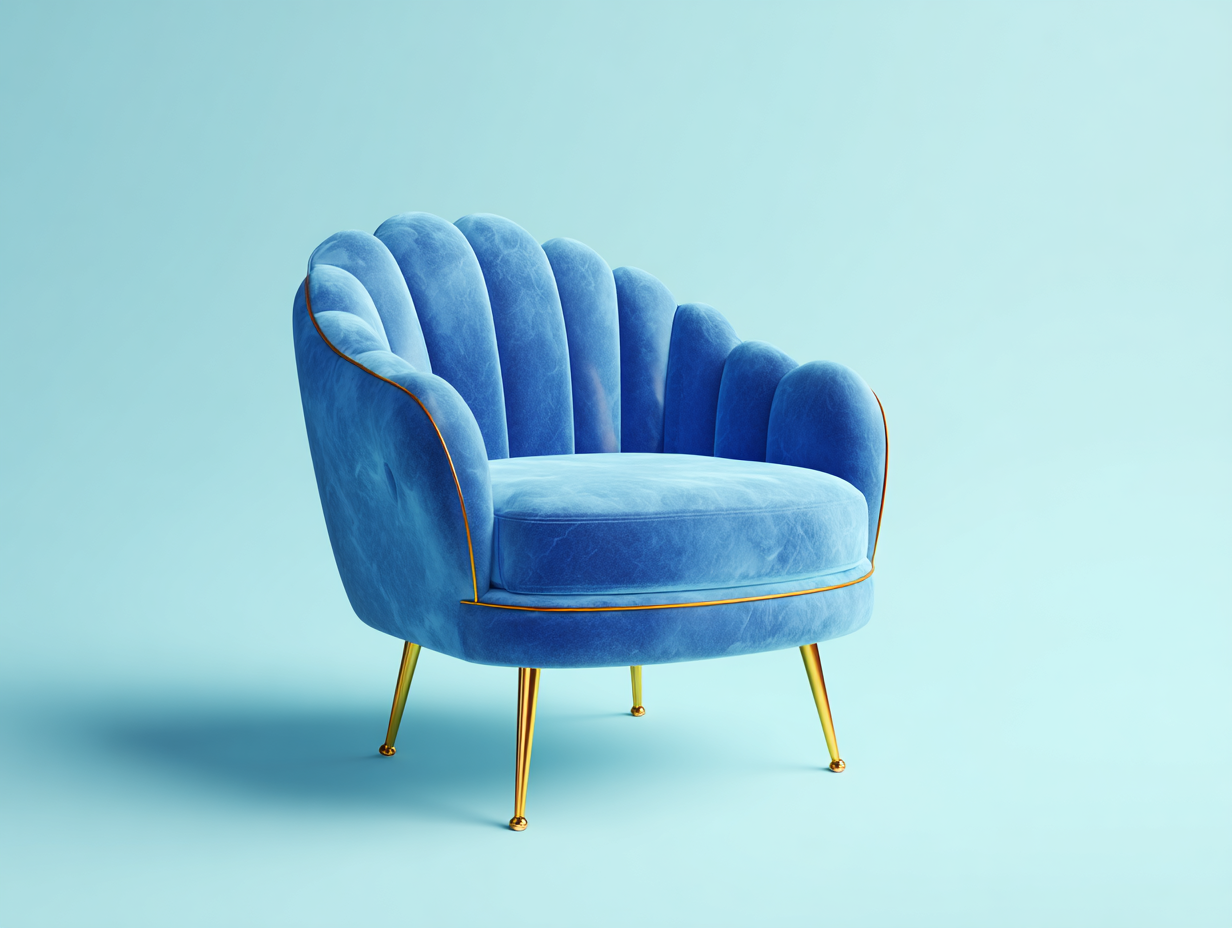 Sillón de terciopelo 68x70x75 cm-azul-para salón-diseño moderno respaldo con forma de concha patas doradas-Casagoyard