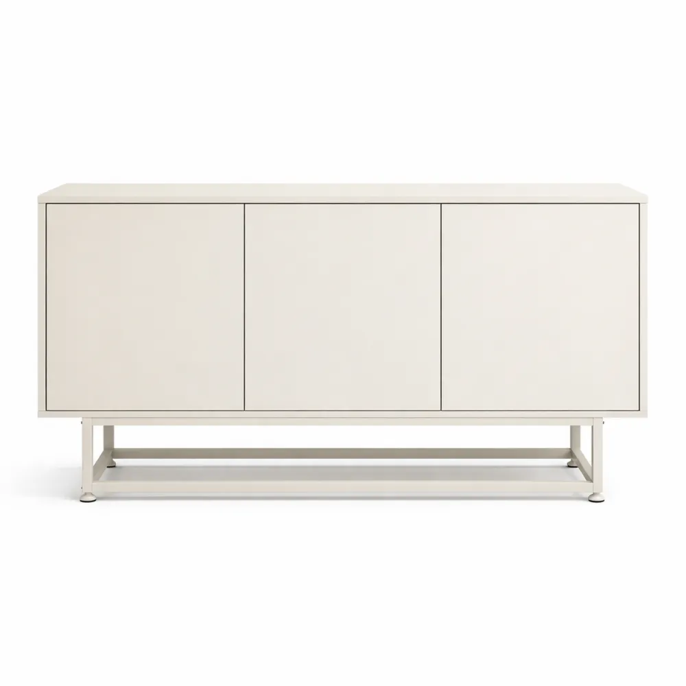 Credenza Bassa con 3 Ante Push-Open e Piedistallo in Metallo per Soggiorno