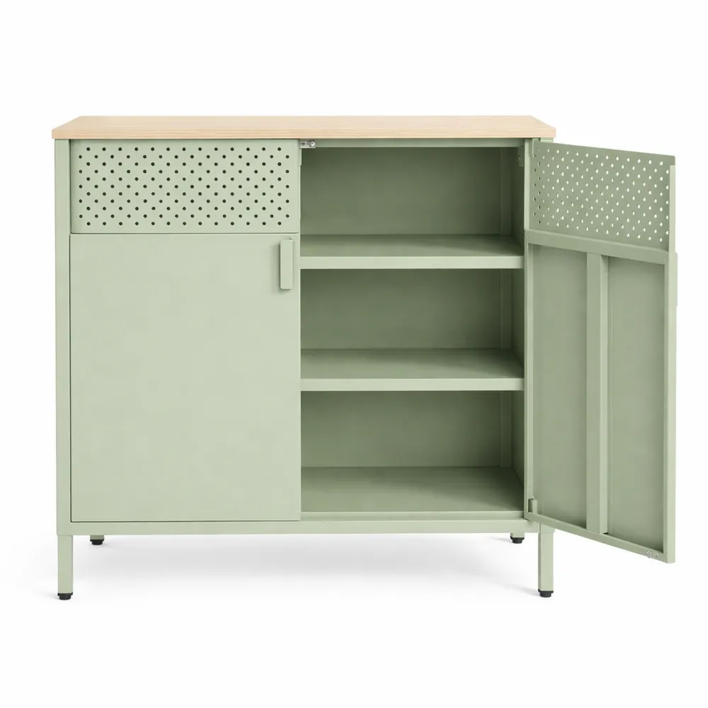 Mobiletto Contenitore in Metallo con Ante Magnetiche e Ripiani Regolabili, 40 x 80 x 76 cm, Verde e Rovere