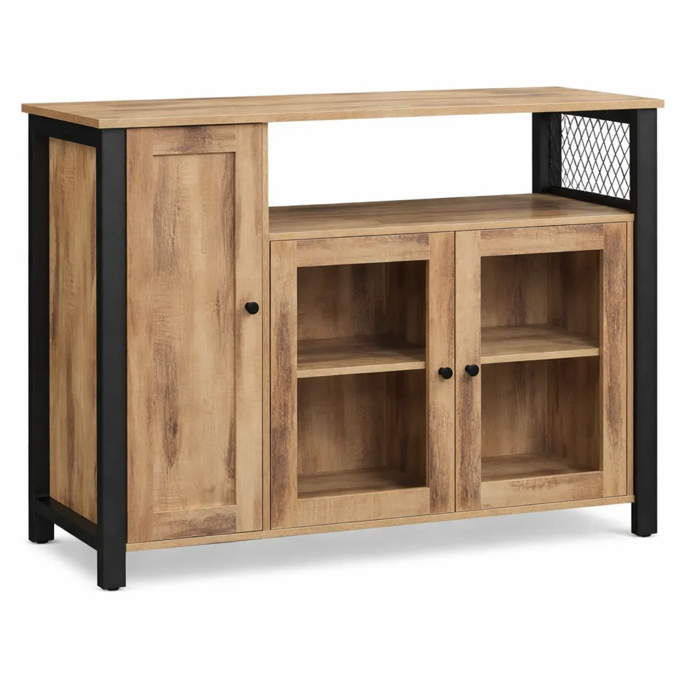 Credenza da Cucina con 3 Ante, per Soggiorno e Sala da Pranzo, 33 x 110 x 75 cm, Stile Rustico, Marrone e Nero