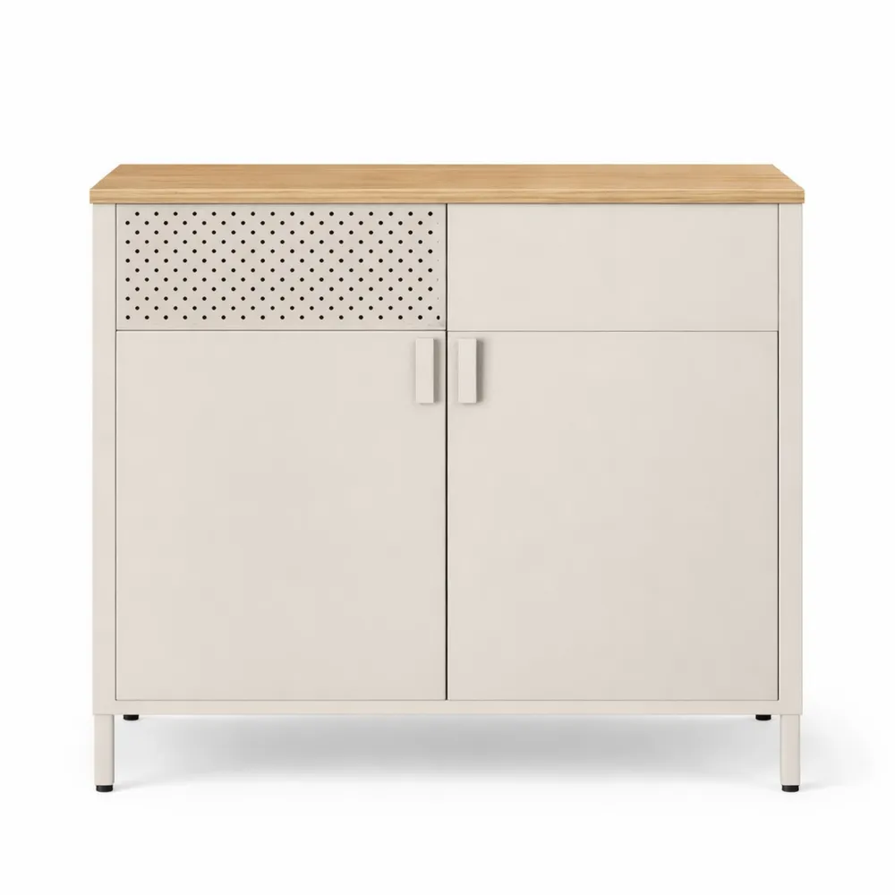 Mobiletto in Metallo con Ante Magnetiche e Ripiani Regolabili, 40 x 80 x 76 cm, Beige Sabbia e Naturale