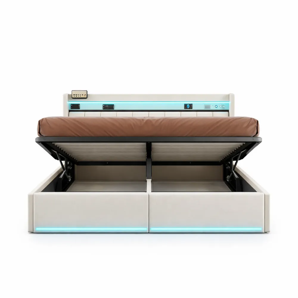 Letto matrimoniale con contenitore e LED, 160 x 200 cm, con testiera e porte USB