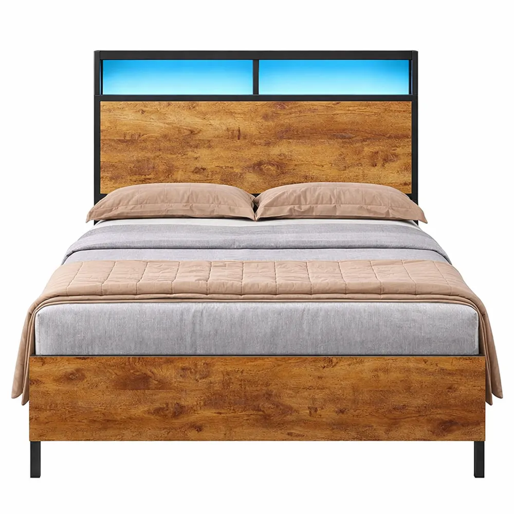 Letto Singolo 90x200 cm con LED e Ricarica USB, Metallo, Facile Montaggio, Moderno, Marrone