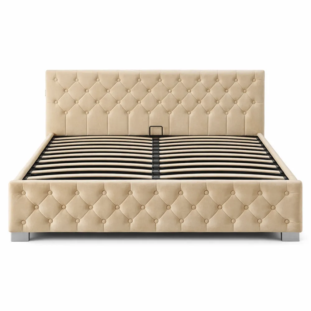 Letto Imbottito con Contenitore e Illuminazione LED, Struttura in Acciaio, Velluto Chesterfield, 140x200 cm - Beige