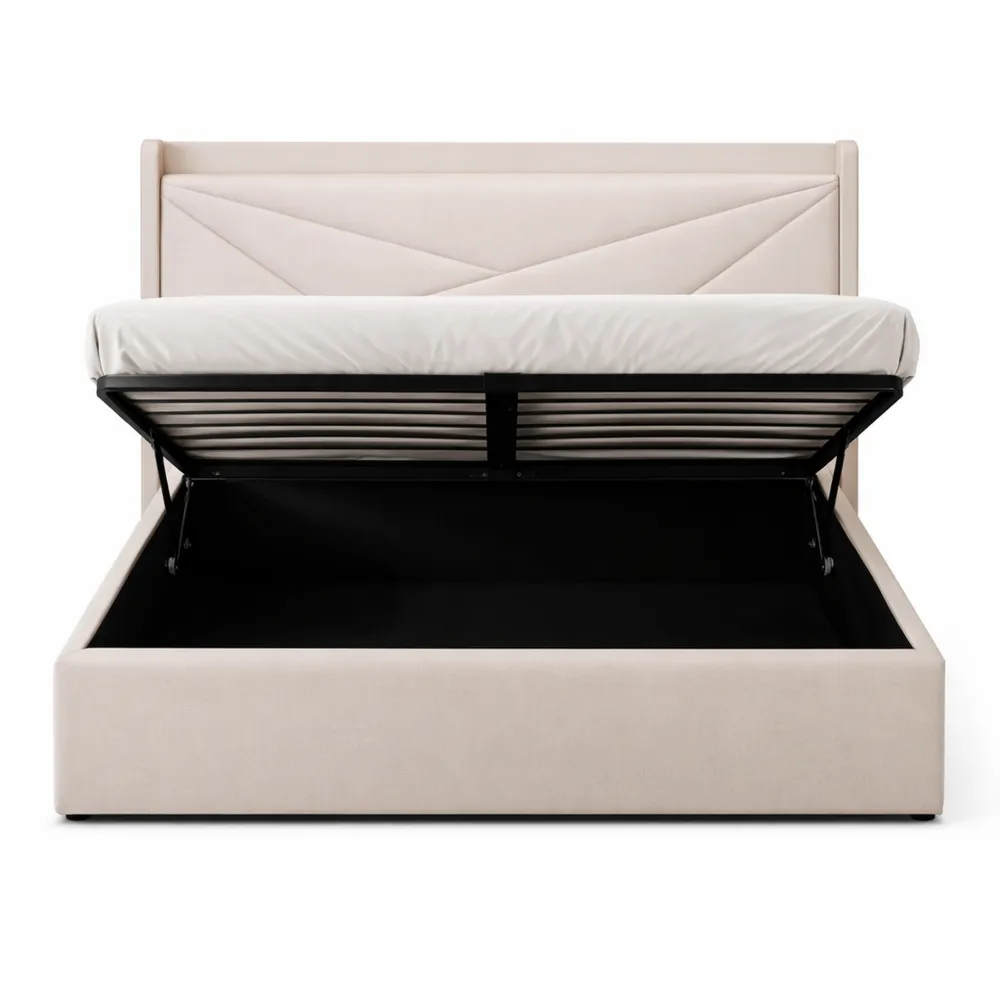 Letto matrimoniale imbottito con cassapanca e porta USB, testiera in lino, rete a doghe, bianco