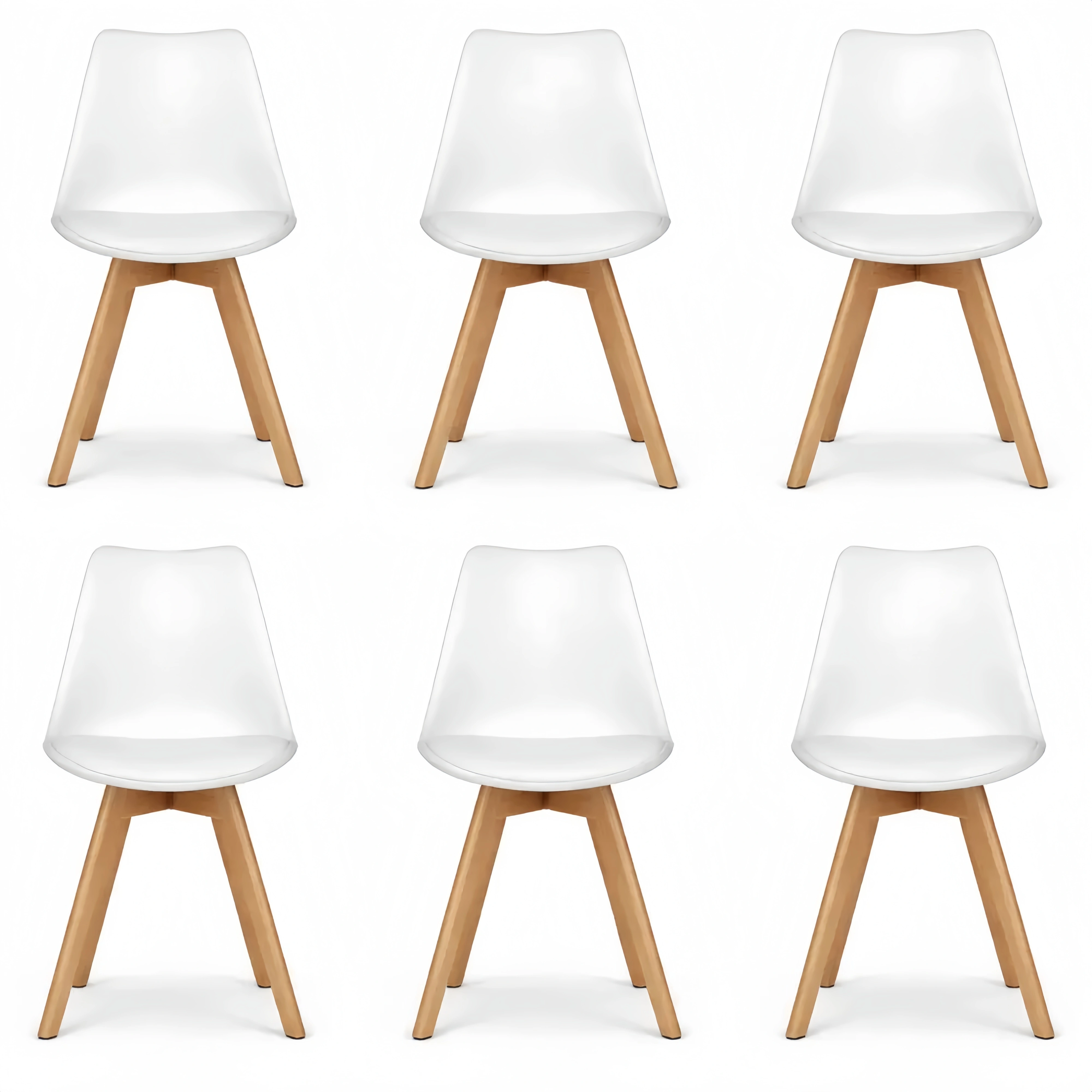 Ensemble de 6 chaises nordiques ergonomiques avec pieds en bois et coussin moelleux, blanc