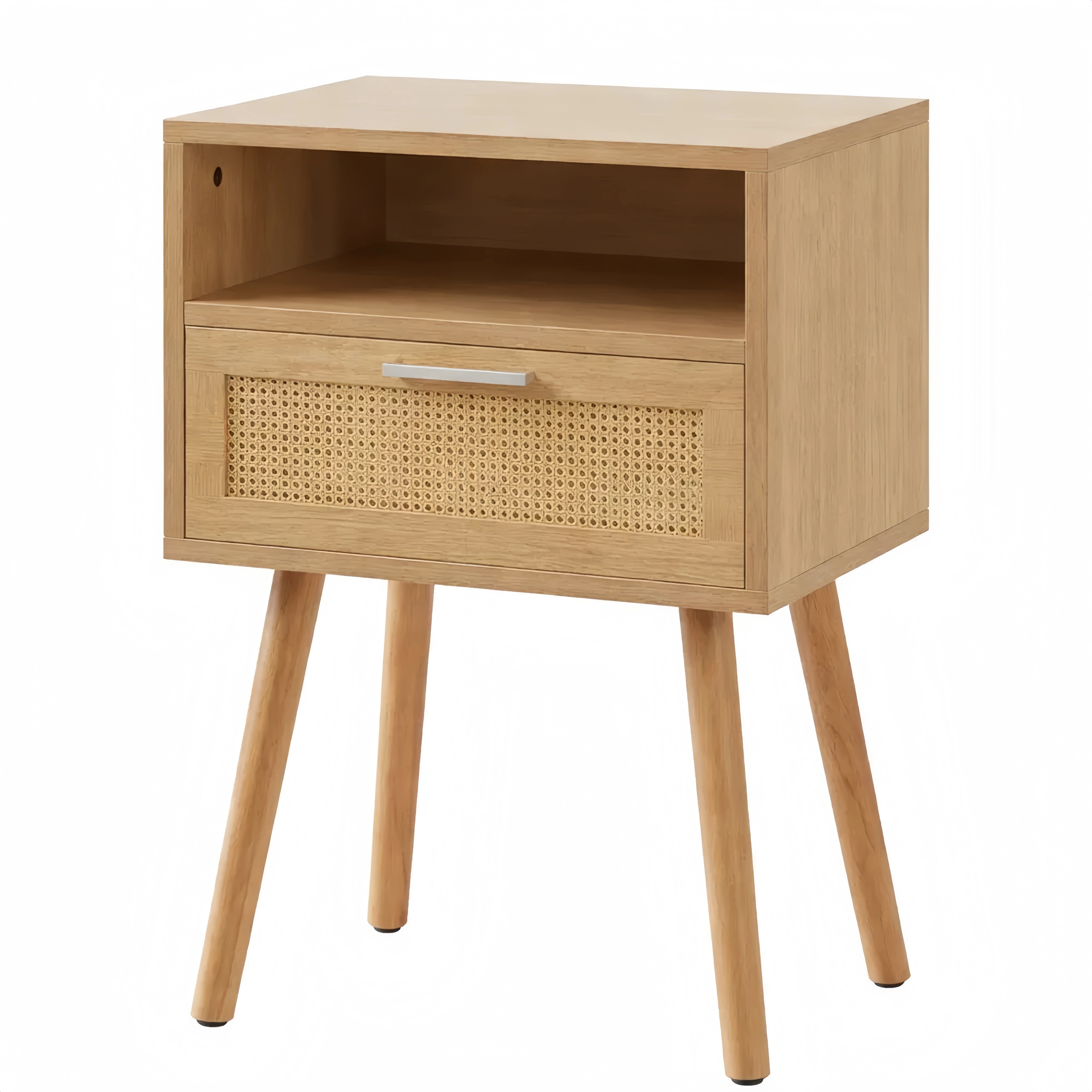 Table de chevet bohème en rotin avec tiroir et étagère ouverte pour chambre ou salon