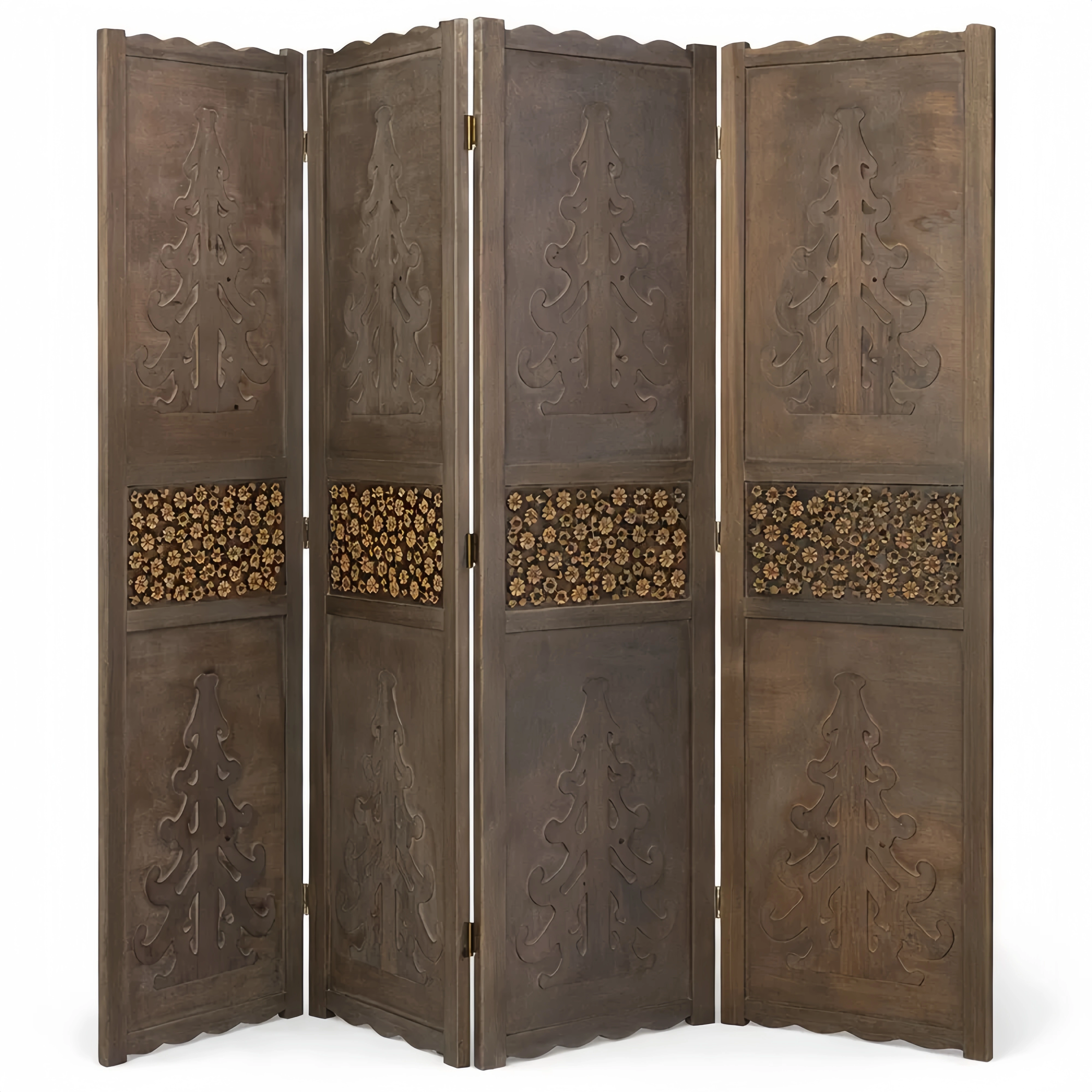 Paravent en Bois Sculpté à 4 Volets, Couleur Marron