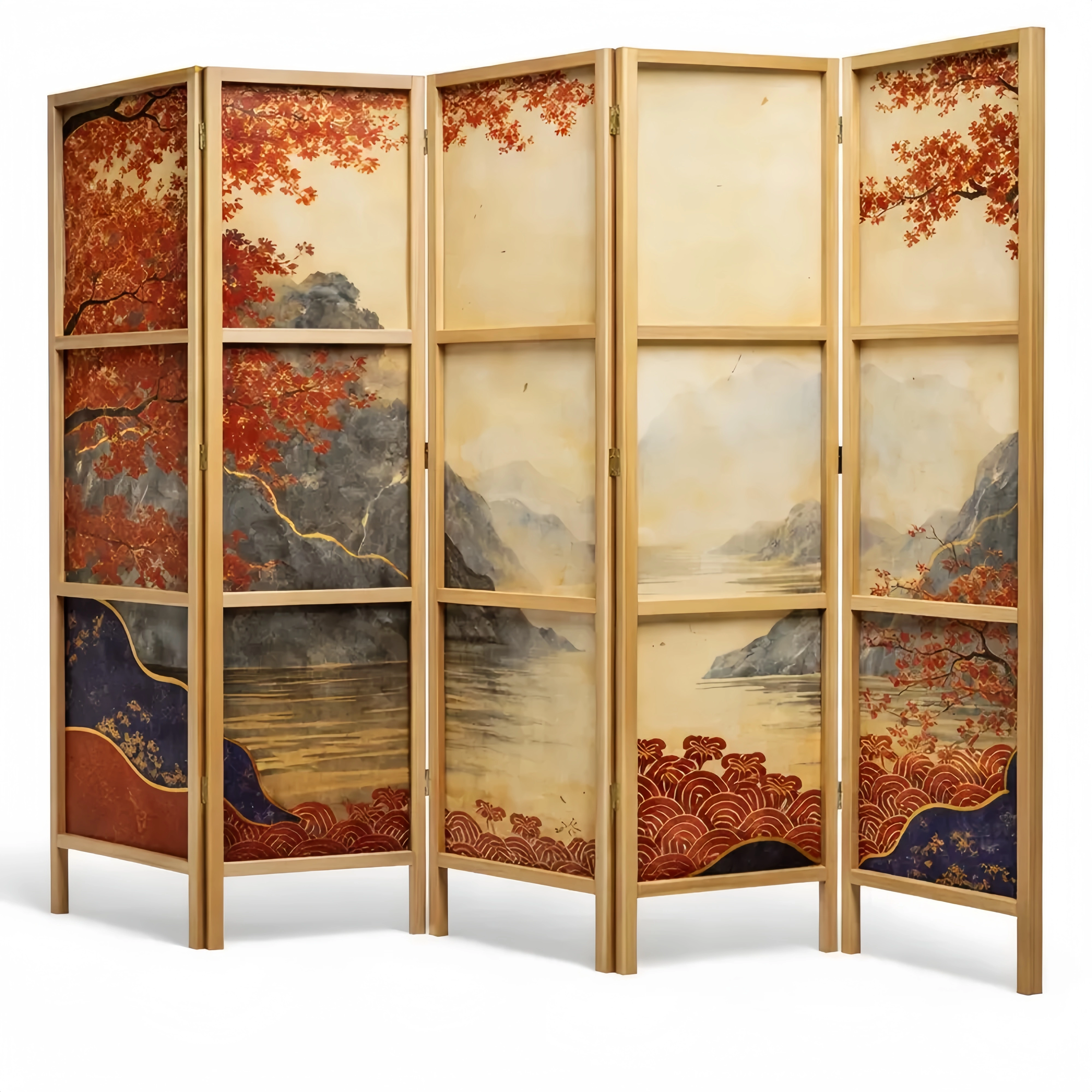 Paravent en Bois à 5 Panneaux, Design Oriental, Séparateur Décoratif Intérieur
