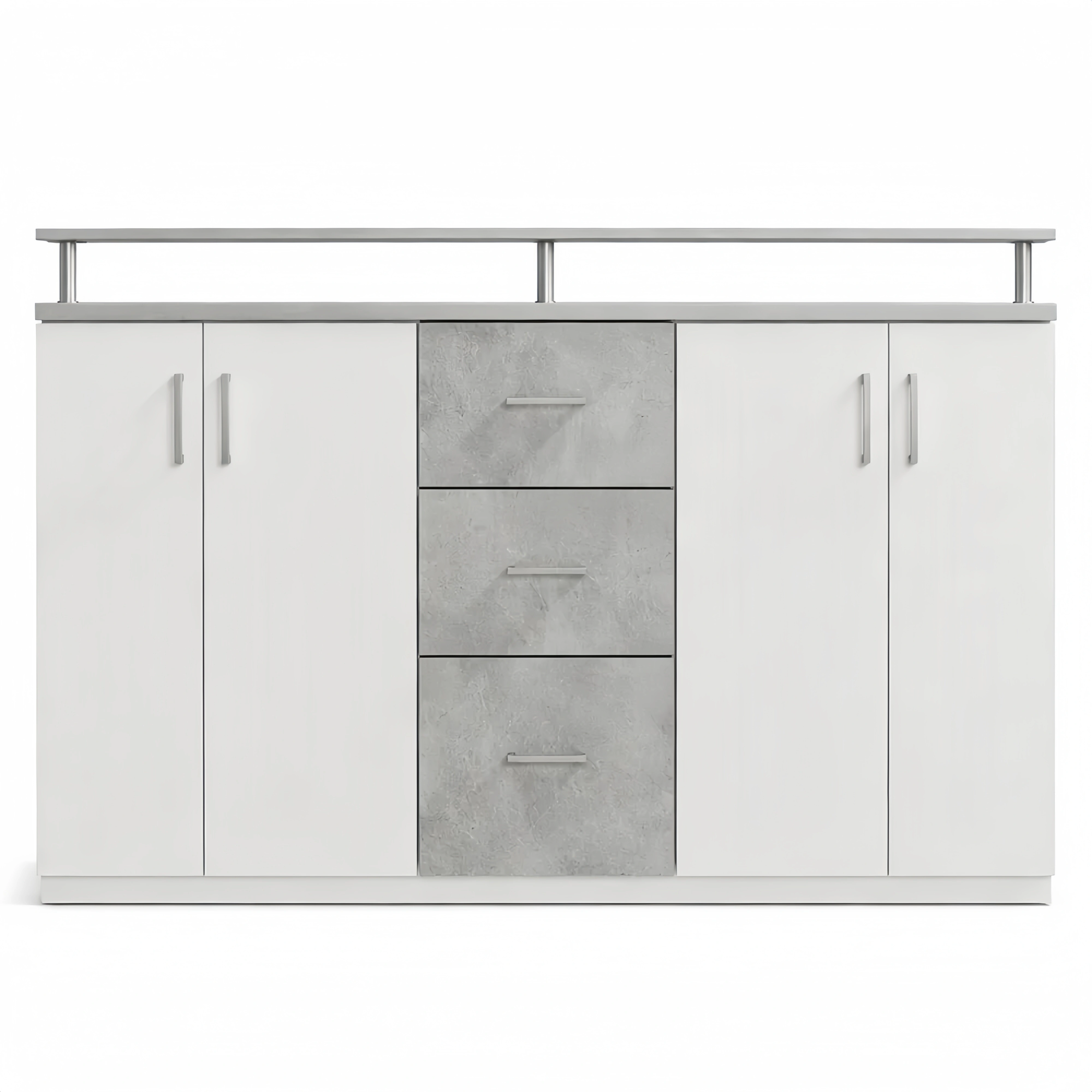 Highboard moderne blanc avec étagère en aspect béton, tiroirs et espace de rangement