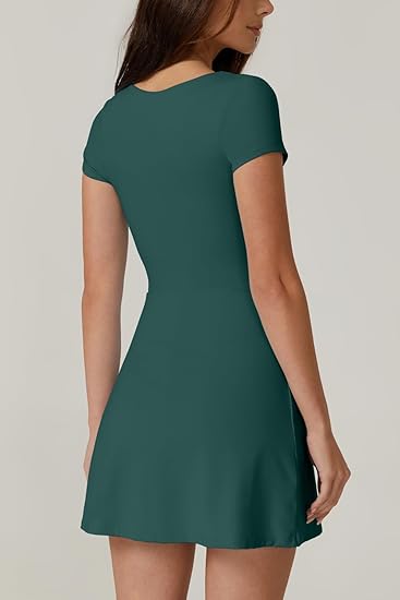 Womens Square Neck Tennis Dress Short Sleeve Built in Shorts Golf Athletic Dress with Pockets