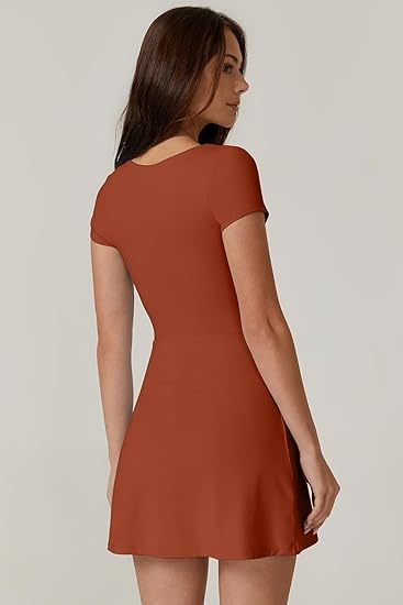 Womens Square Neck Tennis Dress Short Sleeve Built in Shorts Golf Athletic Dress with Pockets