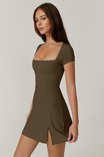 Womens Square Neck Tennis Dress Short Sleeve Built in Shorts Golf Athletic Dress with Pockets