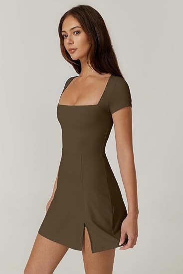 Womens Square Neck Tennis Dress Short Sleeve Built in Shorts Golf Athletic Dress with Pockets