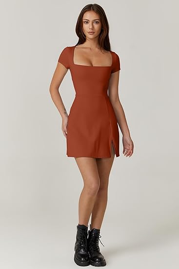 Womens Square Neck Tennis Dress Short Sleeve Built in Shorts Golf Athletic Dress with Pockets