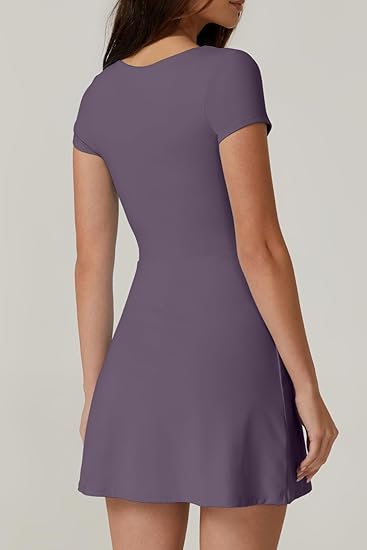 Womens Square Neck Tennis Dress Short Sleeve Built in Shorts Golf Athletic Dress with Pockets