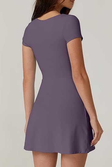 Womens Square Neck Tennis Dress Short Sleeve Built in Shorts Golf Athletic Dress with Pockets