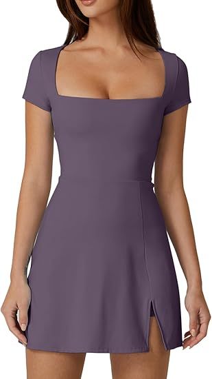 Womens Square Neck Tennis Dress Short Sleeve Built in Shorts Golf Athletic Dress with Pockets