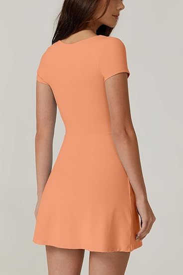 Womens Square Neck Tennis Dress Short Sleeve Built in Shorts Golf Athletic Dress with Pockets