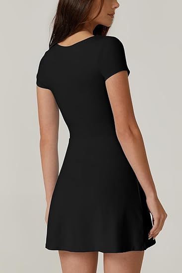 Womens Square Neck Tennis Dress Short Sleeve Built in Shorts Golf Athletic Dress with Pockets