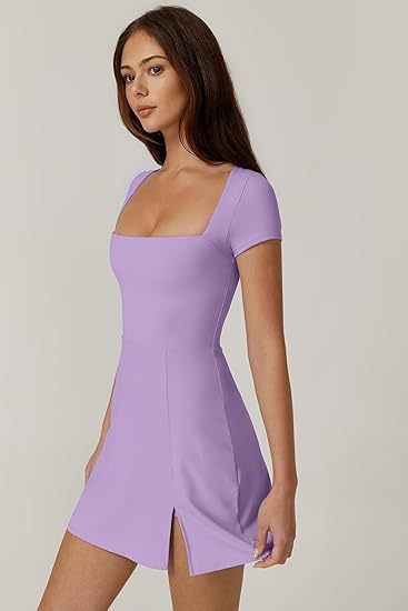 Womens Square Neck Tennis Dress Short Sleeve Built in Shorts Golf Athletic Dress with Pockets