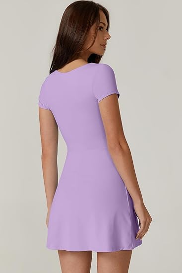 Womens Square Neck Tennis Dress Short Sleeve Built in Shorts Golf Athletic Dress with Pockets