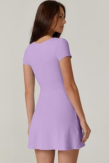 Womens Square Neck Tennis Dress Short Sleeve Built in Shorts Golf Athletic Dress with Pockets