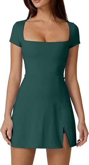 Womens Square Neck Tennis Dress Short Sleeve Built in Shorts Golf Athletic Dress with Pockets