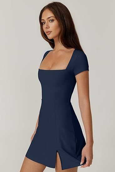 Womens Square Neck Tennis Dress Short Sleeve Built in Shorts Golf Athletic Dress with Pockets