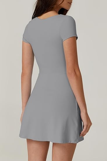 Womens Square Neck Tennis Dress Short Sleeve Built in Shorts Golf Athletic Dress with Pockets