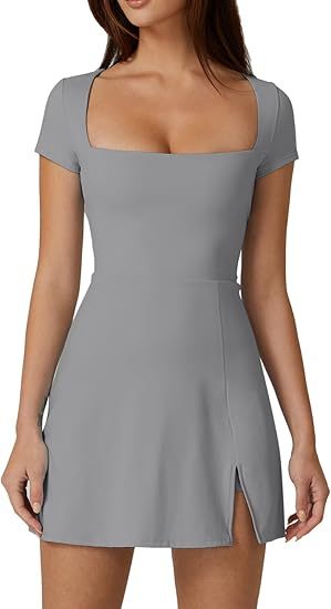 Womens Square Neck Tennis Dress Short Sleeve Built in Shorts Golf Athletic Dress with Pockets