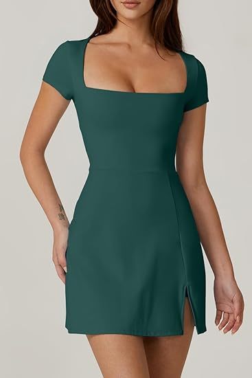 Womens Square Neck Tennis Dress Short Sleeve Built in Shorts Golf Athletic Dress with Pockets