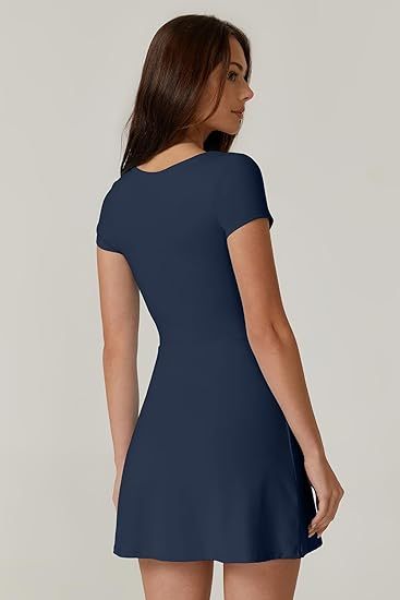 Womens Square Neck Tennis Dress Short Sleeve Built in Shorts Golf Athletic Dress with Pockets
