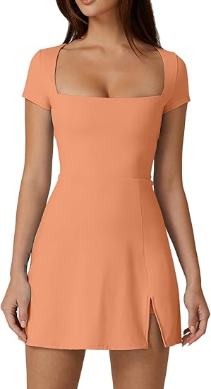 Womens Square Neck Tennis Dress Short Sleeve Built in Shorts Golf Athletic Dress with Pockets