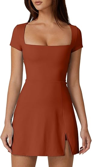 Womens Square Neck Tennis Dress Short Sleeve Built in Shorts Golf Athletic Dress with Pockets