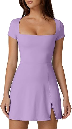 Womens Square Neck Tennis Dress Short Sleeve Built in Shorts Golf Athletic Dress with Pockets