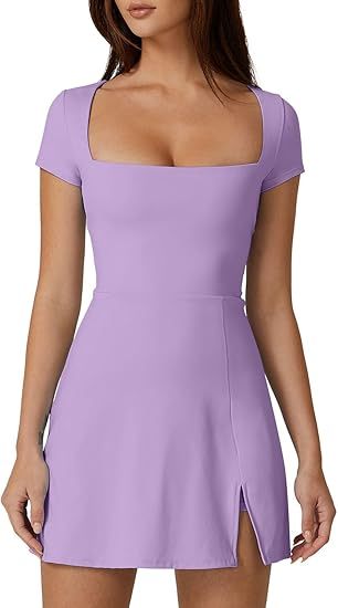 Womens Square Neck Tennis Dress Short Sleeve Built in Shorts Golf Athletic Dress with Pockets