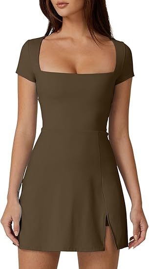 Womens Square Neck Tennis Dress Short Sleeve Built in Shorts Golf Athletic Dress with Pockets