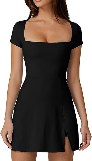 Womens Square Neck Tennis Dress Short Sleeve Built in Shorts Golf Athletic Dress with Pockets