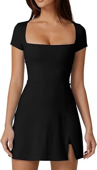 Womens Square Neck Tennis Dress Short Sleeve Built in Shorts Golf Athletic Dress with Pockets