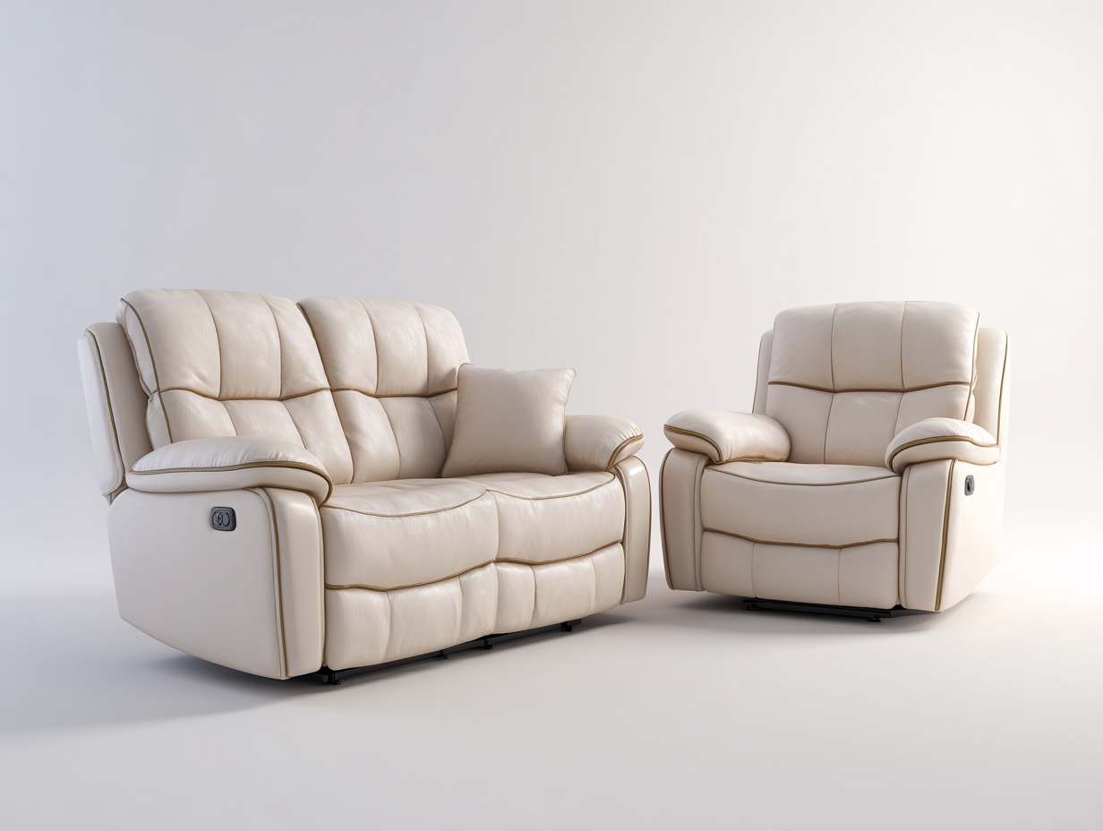 Conjunto de sofás reclinables tapizado sintético 3 plazas y sillón 208x96x102 cm - Beige - Diseño moderno con función reclinable-Casamyly